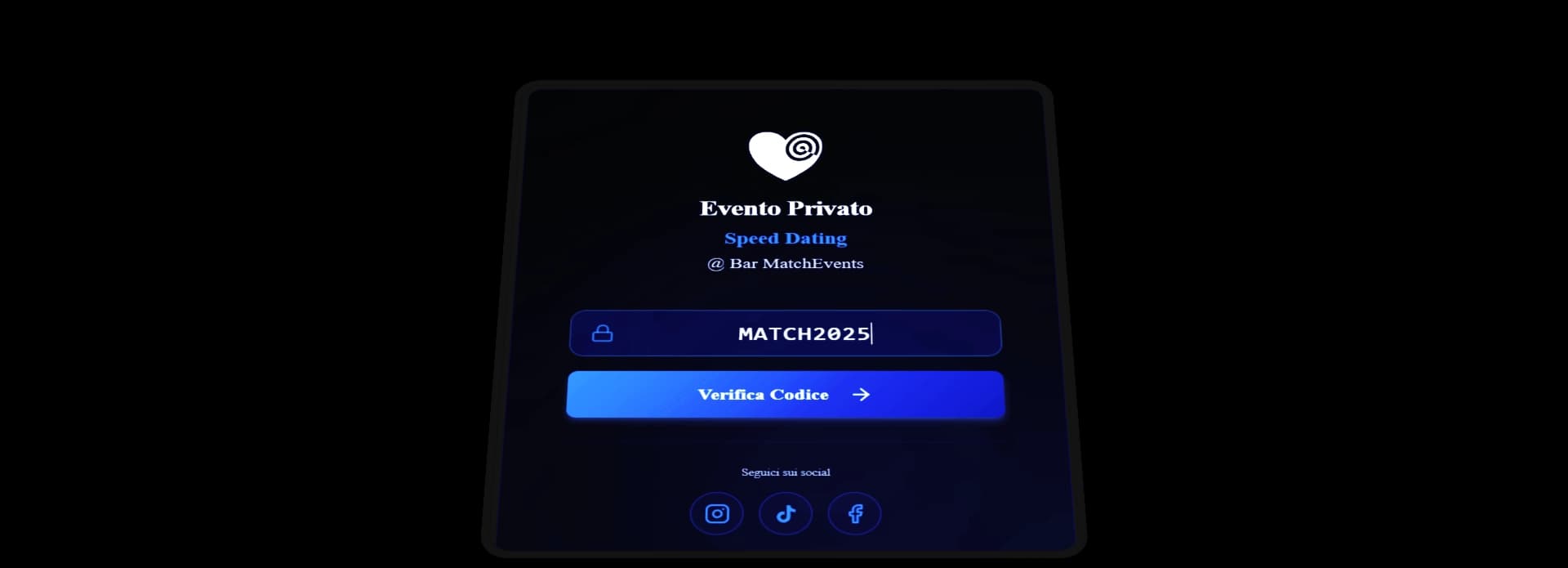 Dashboard Private Events - Codice d'accesso evento privato